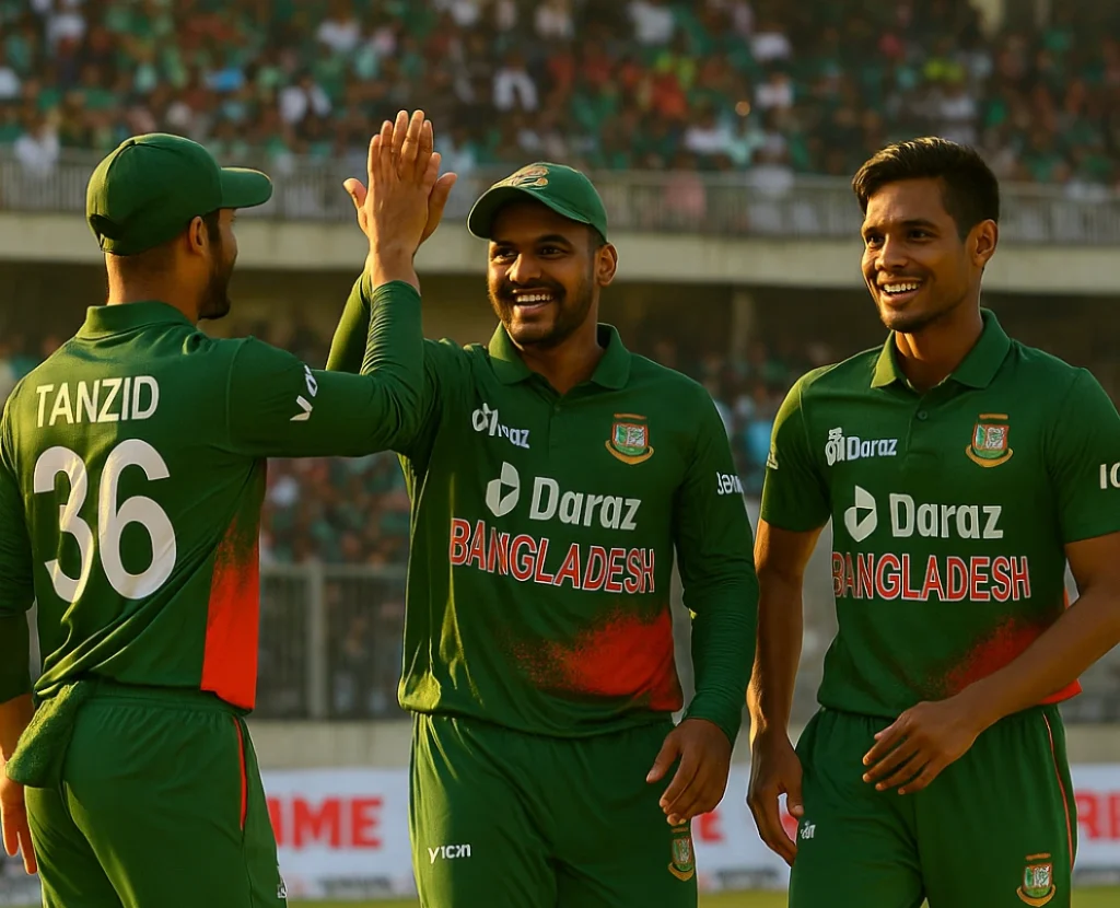 Three Bangladesh cricket players celebrate with high-fives in green uniforms during a T20I match, with a cheering crowd in the background.