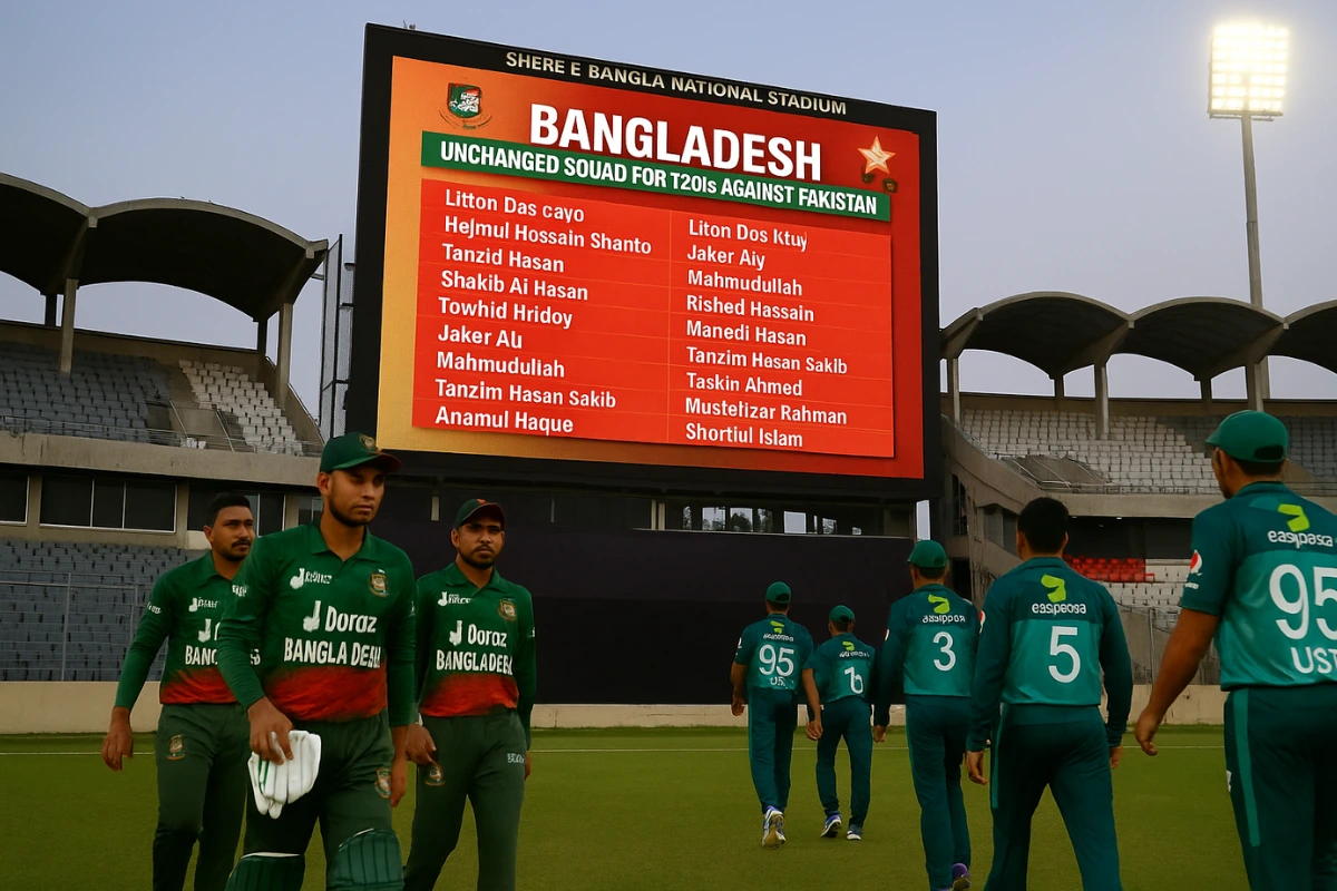 Bangladesh and Pakistan cricket teams enter Shere Bangla National Stadium with Bangladesh’s unchanged T20I squad displayed on the scoreboard.