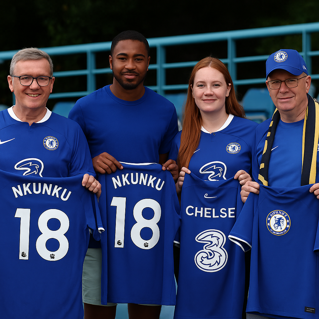 Four Chelsea FC fans holding Nkunku’s number 18 jersey, showing excitement about the new player signing.