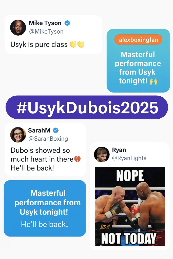 Collage of social media posts reacting to the Usyk vs. Dubois 2025 heavyweight title fight with hashtag #UsykDubois2025
