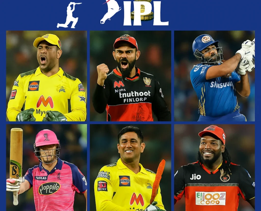 Collage of top IPL cricket players with the IPL trophy and logo on a blue background, featuring MS Dhoni, Virat Kohli, and others. IPl