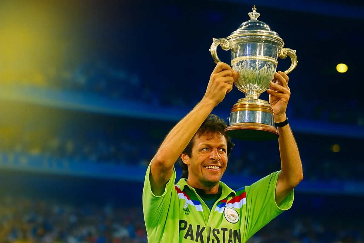 Imran Khan lifting the 1992 Cricket World Cup trophy in Pakistan’s green jersey, smiling in front of a cheering crowd