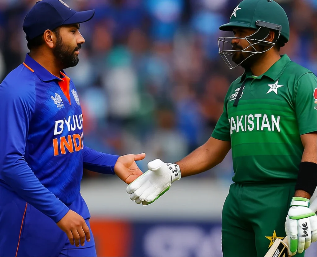 Indian and Pakistani cricketers shaking hands on the field during a match, showing mutual respect and sportsmanship