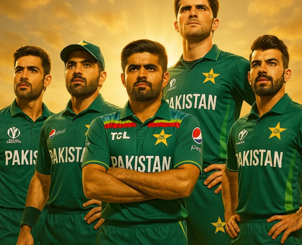 Babar Azam, Mohammad Rizwan, Shaheen Afridi, Naseem Shah, and Shadab Khan in Pakistan cricket jerseys posing confidently under a golden sky