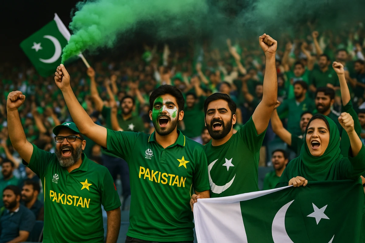 Pakistani cricket fans cheering in stadium with green smoke, face paint, and national flags