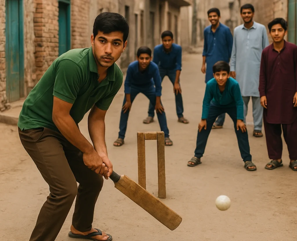 Young boys playing cricket in a dusty street of a Pakistani village with brick houses and traditional clothing