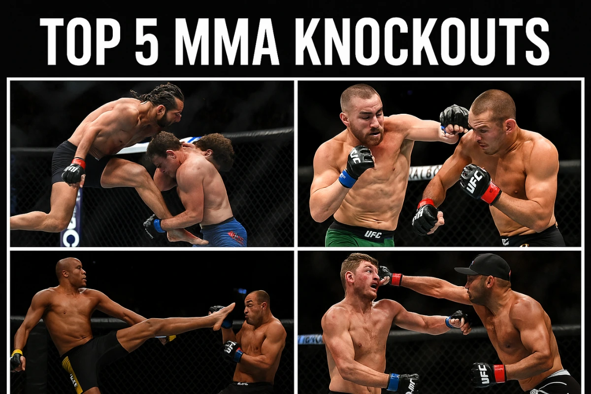 Collage of top 5 MMA knockouts featuring Jorge Masvidal, Conor McGregor, Anderson Silva, and Dan Henderson in high-resolution action shots.