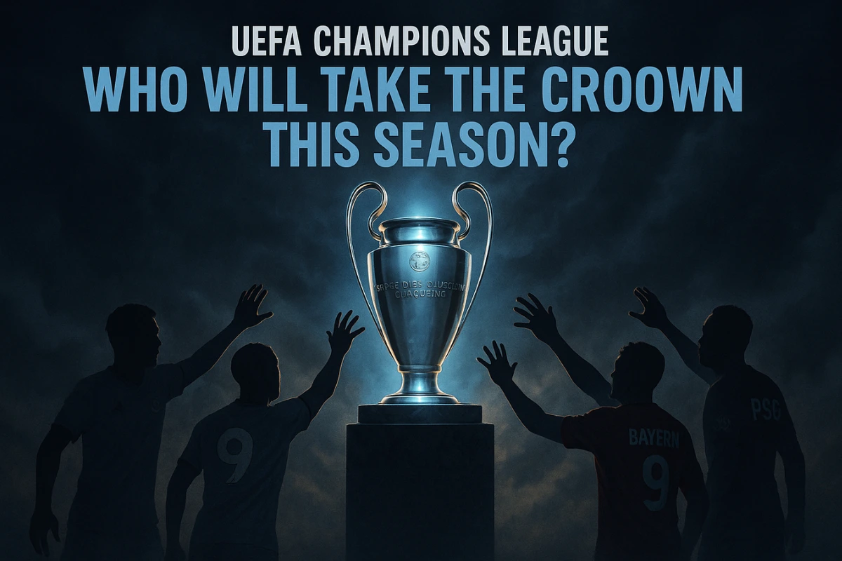 UEFA Champions League trophy with silhouettes of players from major clubs reaching toward it, under dramatic stadium lighting and stormy skies.