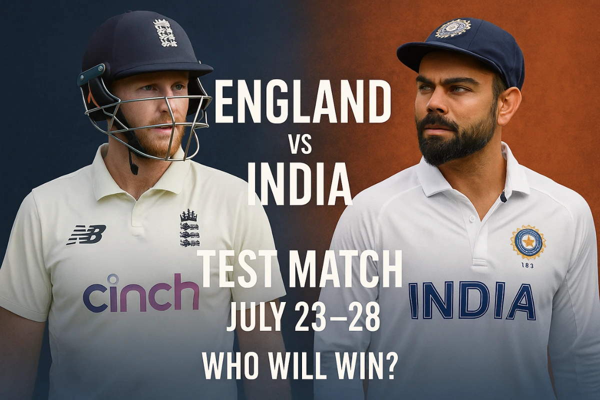 "England vs India Test match 2025 face-off graphic with two players and match dates July 23–28"