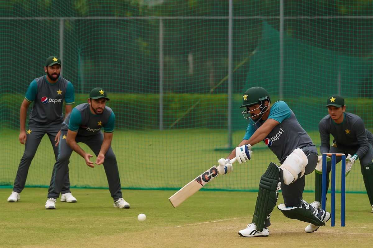 Pakistan cricket team practicing for T20 World Cup 2026 with players batting, fielding, and wicketkeeping in training nets.