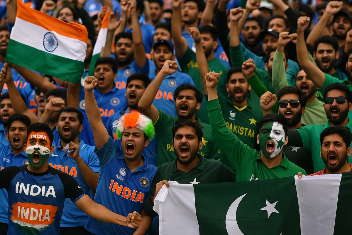 Excited Indian and Pakistani cricket fans cheering with painted faces and national flags during a high-stakes match